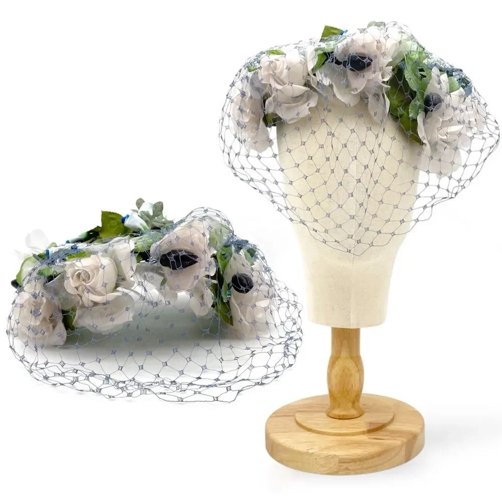Vintage 1950s Le Cavalier Floral Hat w/ Veil White Roses Blue Accents Netting - Picture 2 of 15